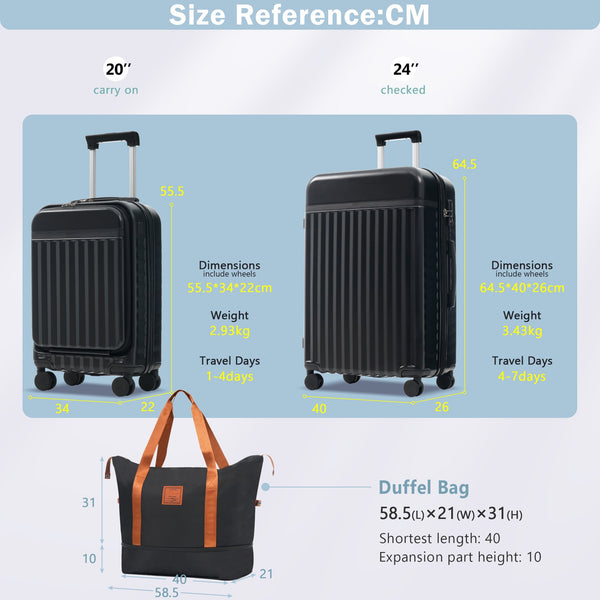 English Elm Front Access Hardside 3 Piece Travel Set with Usb Port Spinner Wheels and Tsa Lock Black N732P326130B