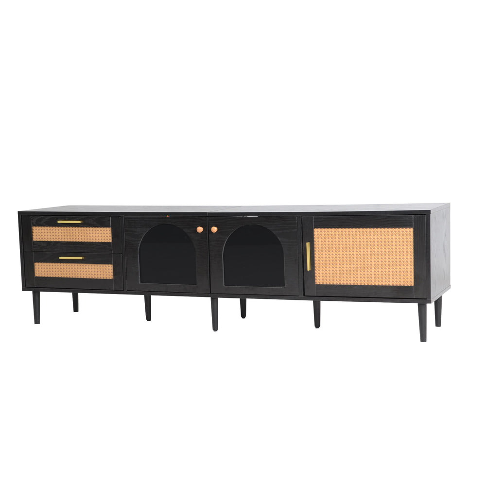 English Elm Rattan Black TV Stand with 3 Cabinets & 2 Rattan Drawers, LED Media Console, Cable Management, 80" N710P206015B