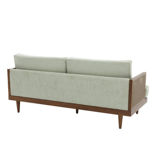 English Elm Emir Three Seat Boucle Sofa with Handwoven Cane Arms and Walnut Tapered Legs Light Green N773P285909G