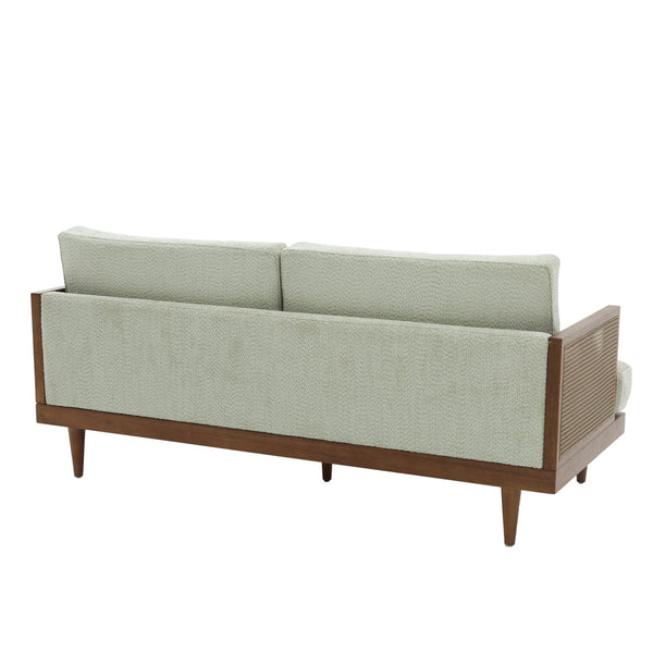 English Elm Emir Three Seat Boucle Sofa with Handwoven Cane Arms and Walnut Tapered Legs Light Green N773P285909G