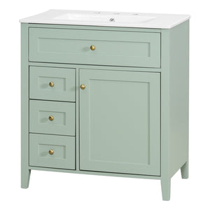 English Elm 30-Inch Contemporary Bathroom Vanity with Sink, MDF & Rubberwood, Glossy Finish, 3 Drawers + Cabinet Green N725P350819F