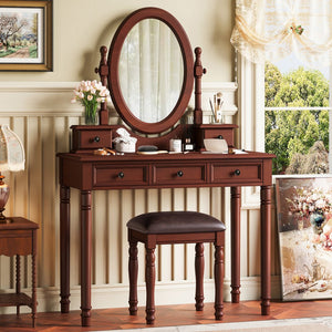 English Elm Vanity Vintage Wooden Makeup Desk with 180° Adjustable Mirror, 5 Velvet‑Lined Drawers & Cushioned Stool Walnut 52.7 L x 22.5 W x 11 H N733P305139D