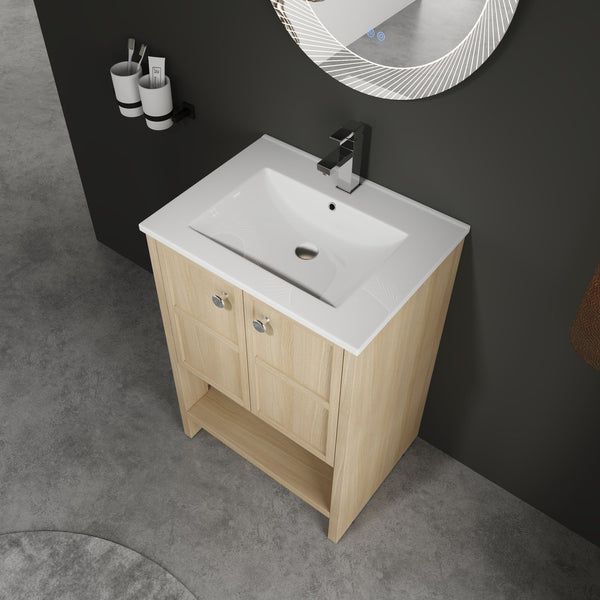 English Elm 24" Freestanding Bathroom Vanity with Ceramic Sink, Oak Finish, 2 Soft-Closing Doors, Open Shelf Storage W1972S00023
