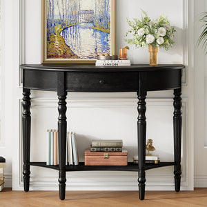 English Elm Trexm Farmhouse Half Moon Entryway Console with Drawer Open Shelf Pine Legs Black N715P383795B