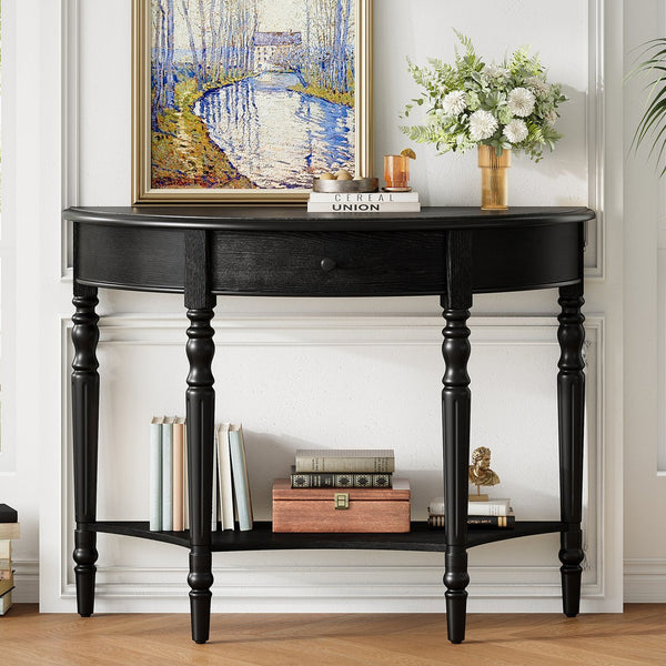 English Elm Trexm Farmhouse Half Moon Entryway Console with Drawer Open Shelf Pine Legs Black N715P383795B