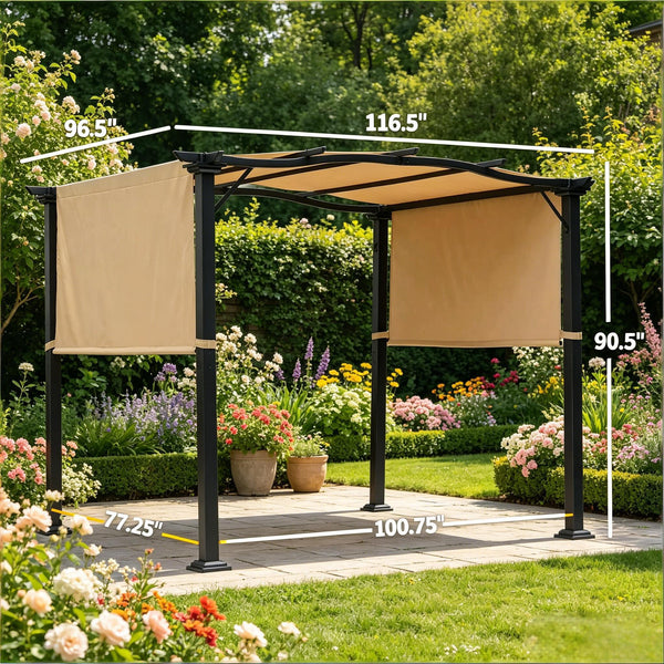 English Elm Backyard European Pergola with Retractable Uv Canopy and Powder Coated Steel Frame T3971S00232