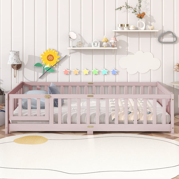 English Elm Twin Low Profile Rubberwood Floor Bed with Full Safety Fence for Toddler Rooms Pink W504P429281