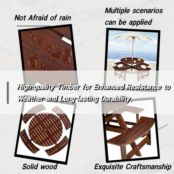 English Elm Outdoor 8-Person Round Picnic Table With Built-In Benches, Umbrella Hole & Waterproof Finish For Gardens W2275P149765-GIGA