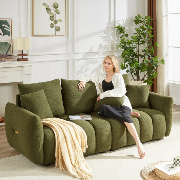 English Elm 1 Plus 3 3 Teddy Fleece Sofa Set with Pine Frame Seven Cushions for Living Rooms Green W1193S00182