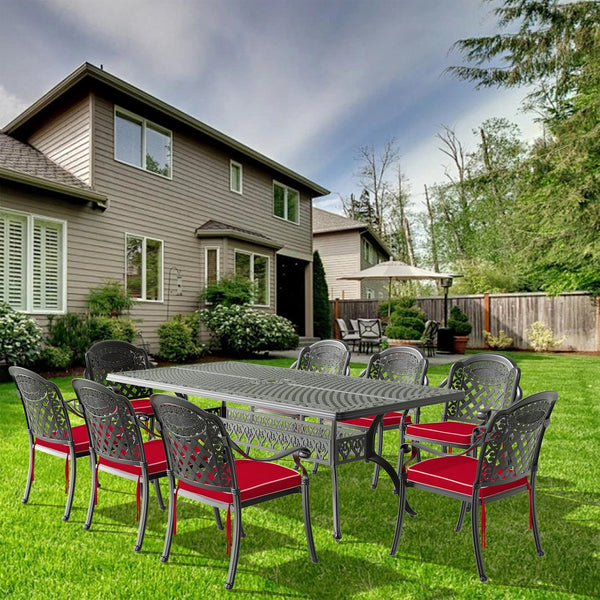 English Elm 9-Piece Cast Aluminum Patio Furniture Set With Bold Red Cushions For Stylish Outdoor Dining & Relaxation W1710S00172