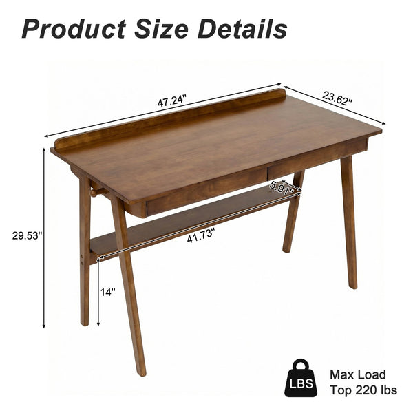 English Elm Solid Wood Writing Desk Mid Century Walnut Finish Two Drawers Shelf and Side Hooks W3204P465630
