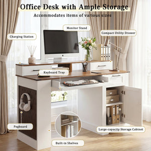 English Elm 55" Farmhouse Writing Desk with Cabinet Charging Station Pegboard and Monitor Stand White W2917S00008