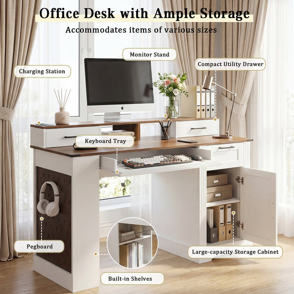 English Elm 55" Farmhouse Writing Desk with Cabinet Charging Station Pegboard and Monitor Stand White W2917S00008