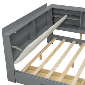 English Elm Wood Full Size platform bed with storage headboard, built-in shelves and drawers, sturdy pine frame, compact solution for small rooms Gray GX002054AAE