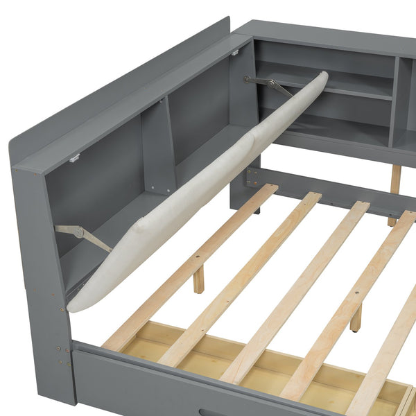 English Elm Wood Full Size platform bed with storage headboard, built-in shelves and drawers, sturdy pine frame, compact solution for small rooms Gray GX002054AAE