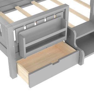 English Elm Twin Kids Storage Bed with Bookshelf Headboard Safety Staircase and Under Drawers Gray W1580P379185