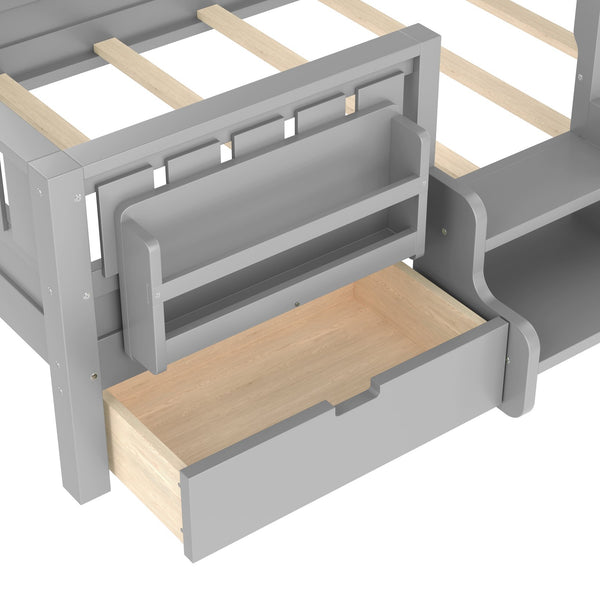 English Elm Twin Kids Storage Bed with Bookshelf Headboard Safety Staircase and Under Drawers Gray W1580P379185