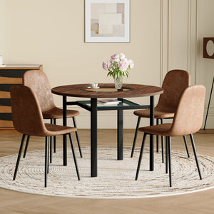 English Elm Table Set Modern Round 42 Inch Wood Grain Glass Inset with 4 Fabric Chairs for Dining W1151S04477