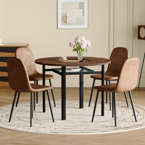 English Elm Table Set Modern Round 42 Inch Wood Grain Glass Inset with 4 Fabric Chairs for Dining W1151S04477
