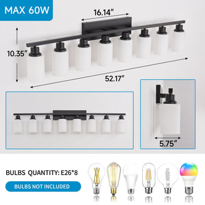English Elm Wall Vanity Light Eight Bulb Matte Black Metal Glass Shade Modern Bathroom Fixture W5008P389870