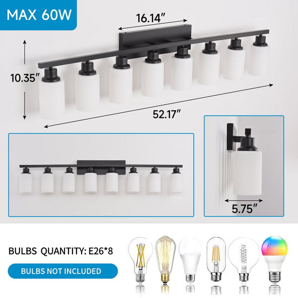 English Elm Wall Vanity Light Eight Bulb Matte Black Metal Glass Shade Modern Bathroom Fixture W5008P389870