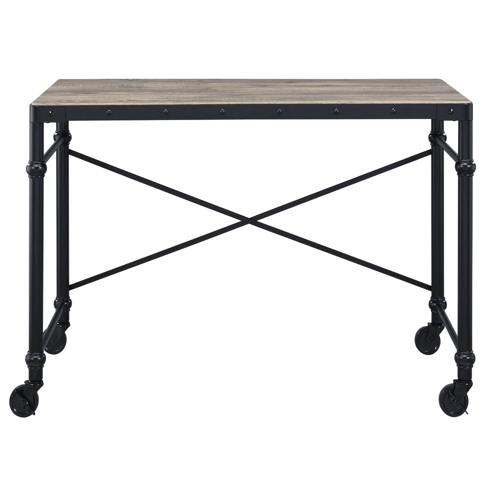 English Elm Rustic Industrial Writing Desk with Wheels, Nailhead Trim, Rustic Oak Top & Black Metal Frame, 47.5" wide B062P184534