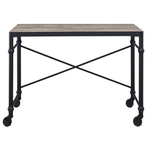 English Elm Rustic Industrial Writing Desk with Wheels, Nailhead Trim, Rustic Oak Top & Black Metal Frame, 47.5" wide B062P184534