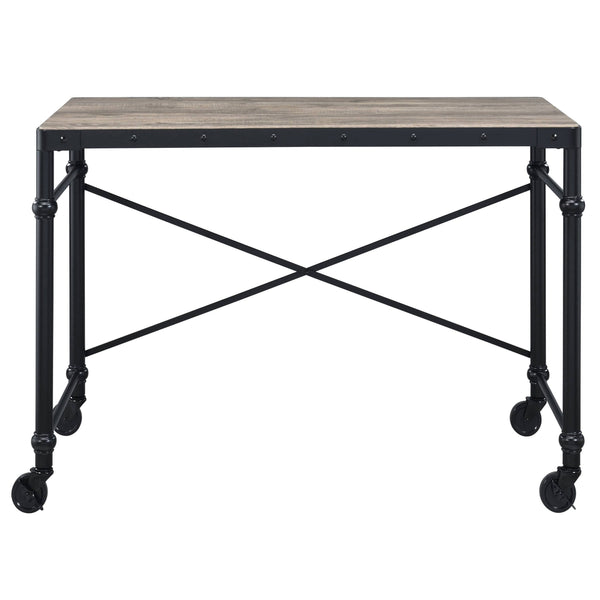 English Elm Rustic Industrial Writing Desk with Wheels, Nailhead Trim, Rustic Oak Top & Black Metal Frame, 47.5" wide B062P184534