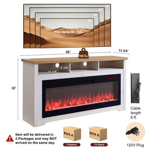 English Elm 60 Inch White Marble Fireplace Tv Stand with Smart Electric Insert for Living Rooms W1769S00011