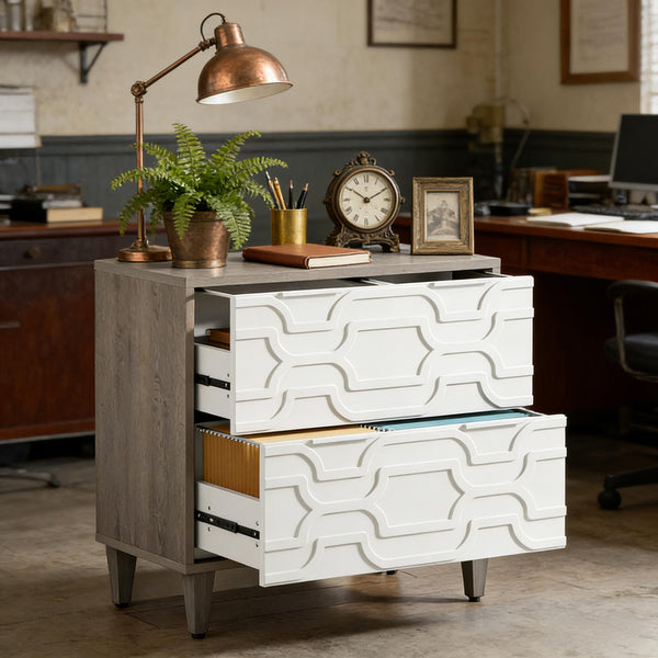 English Elm 2-drawer File Cabinet with Reinforced Top White Grey Modern Home Office Storage T3971P451241