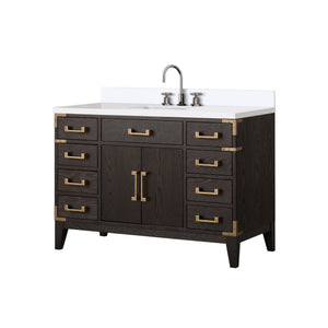 English Elm Brown Oak 48" Single Bath Vanity with White Quartz Top, Soft-Close Drawers & Chrome Faucet Set B2731P259811