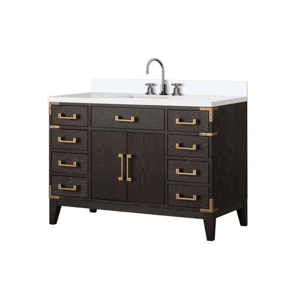 English Elm Brown Oak 48" Single Bath Vanity with White Quartz Top, Soft-Close Drawers & Chrome Faucet Set B2731P259811