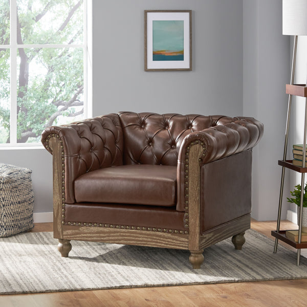 English Elm Christopher Knight Home® - CLUB Club Chair Chesterfield-Inspired Tufted PU Upholstery with Nailhead Trim, Scrolled Arms, Turned Legs Dark Brown 39.25 L x 34.25 W x 25 H 72069.00