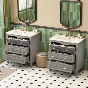 English Elm 60'' Freestanding Bathroom Vanity Set With Ceramic Sink, Gray Wood Frame & 3 Soft-Close Drawers N710SS00003E