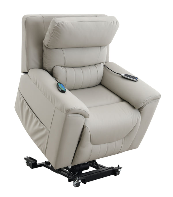 English Elm Marsha Light Gray Power Motion Recliner with Lift, Heated Massage, Faux Leather Upholstery, Modern Comfort B2726S00015
