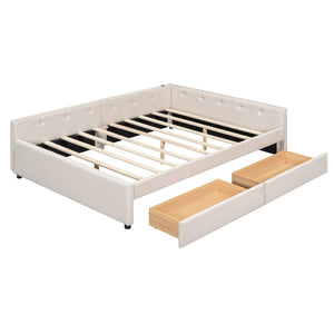 English Elm Queen Upholstered Platform Bed with Linen, 2 Storage Drawers & USB Ports, Beige, Sturdy 600lb Capacity DL000586AAA