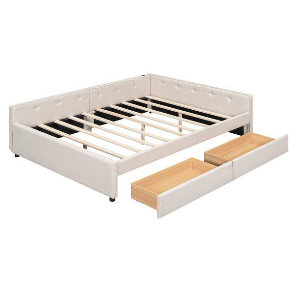 English Elm Queen Upholstered Platform Bed with Linen, 2 Storage Drawers & USB Ports, Beige, Sturdy 600lb Capacity DL000586AAA