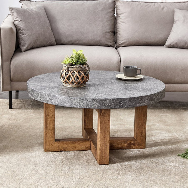 English Elm Modern Gray Texture MDF Round Coffee Table 31.4" – Retro Cross-Leg Design, Thick Top, Sturdy, Sleek Decor W1151P209822