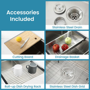 English Elm Kitchen Undermount Handcrafted Stainless Steel Single Bowl Sink with Workstation Accessories T3177P286047