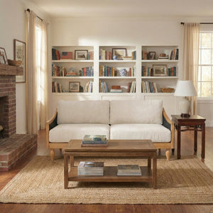 English Elm Mid-century Loveseat with Rattan Armrests Chenille Upholstery and Rubberwood Legs N763P379762Z