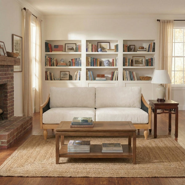 English Elm Mid-century Loveseat with Rattan Armrests Chenille Upholstery and Rubberwood Legs N763P379762Z