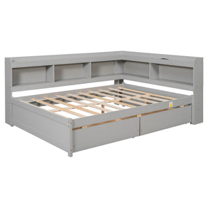 English Elm Full Size L-Shaped Bed With Bookcases, Usb Ports & Drawers - Space-Saving Grey Bedroom Solution W504S00245