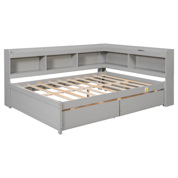 English Elm Full Size L-Shaped Bed With Bookcases, Usb Ports & Drawers - Space-Saving Grey Bedroom Solution W504S00245