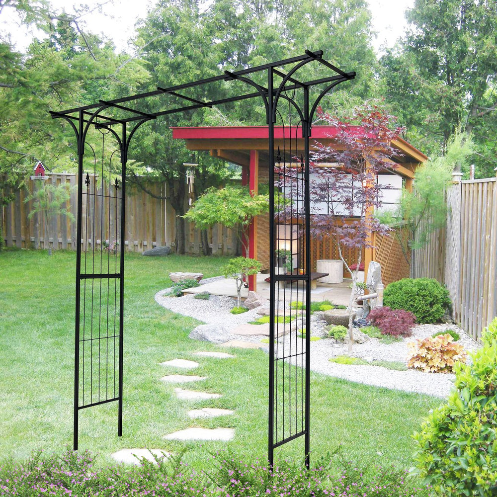 English Elm Metal Garden Arch Trellis For Climbing Plants - Elegant Black Arbor For Weddings & Events Decor W656P210529