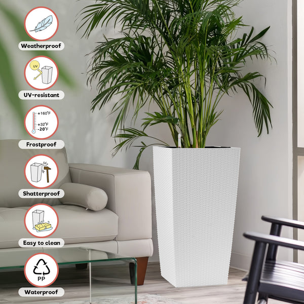English Elm 30 Inch Tall Faux Rattan Planter Self Watering Outdoor Indoor Patio Garden Pot White W3213P325513