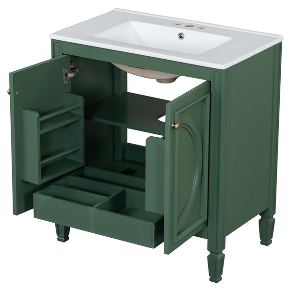 English Elm Christopher Knight Home® - 30" Bathroom Vanity with Sink Vintage Freestanding Ceramic Top Soft-Close Doors Gold Knobs, Storage Green N759P226000F