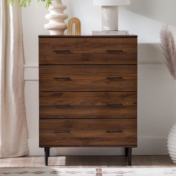 English Elm Walker Edison - Modern 4-Drawer Dresser Walnut with Tapered Metal Legs, Smooth Glides, Durable MDF Laminate Finish B185P326692