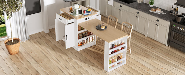 English Elm Extendable Kitchen Island with Storage Drawers Open Shelving and Cabinet in White W1580S00273