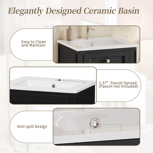 English Elm 18-inch French Style Freestanding Bathroom Vanity with Ceramic Sink Soft Close Storage Black N710P411340B