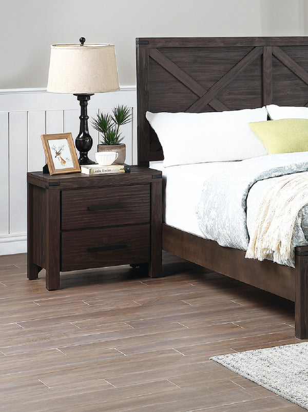 English Elm 2 Drawer Nightstand Espresso Finish with Two Smooth-Glide Drawers, Tapered Feet & Weathered Wood Top for Bedroom SR015426